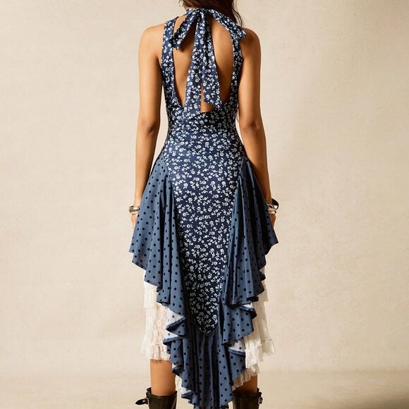 Boho Multicolor Women's Sexy Lace detail floral print Dress - Picture 8 of 8